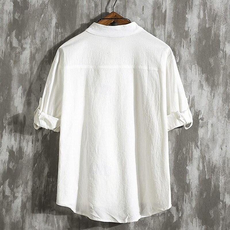 Men's Shirt Linen Shirt Casual Shirt Button Up Shirt Cotton Shirt Plain Vacation Hawaiian Black White Green 3/4 Length Sleeve Band Collar Summer Clothing Apparel Pocket2