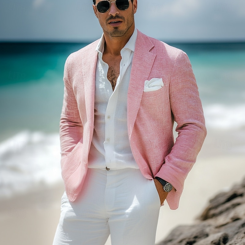 Men's Linen Blazer Sport Coat Notch Collar Fashion Casual Solid Colored Linen Blazer Pink Sky Blue Sage Standard Fit Single Breasted One-button2