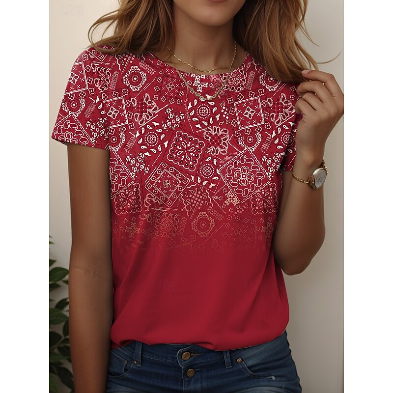 Women's T Shirt Floral Graphic Vintage Stylish Casual Short Sleeve Round Neck Regular Tops Daily Weekend Print Yellow Red Blue Light Blue Summer Spring