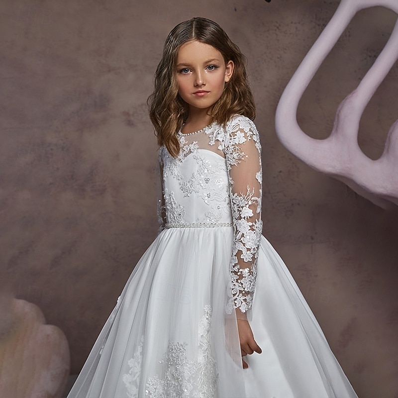 Flower Girl Dress Kid's Girls' Lace Dress Formal Dress Princess Dress First Communion Dress Performance Wedding Party Elegant Beautiful Lace Mesh Solid Color Long Sleeve Crew Neck Beige 4 years+2