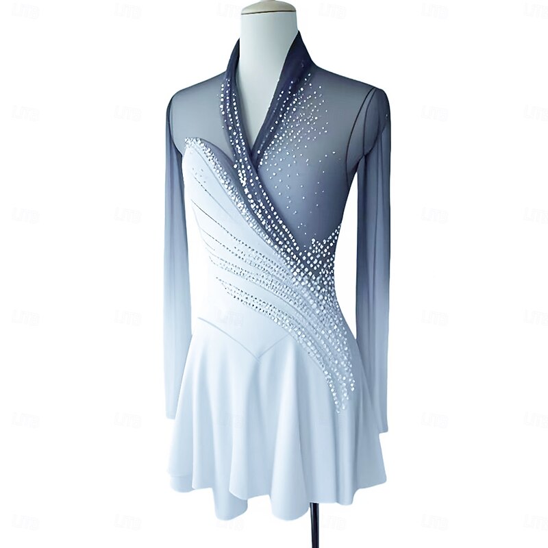 Figure Skating Dress Women's Girls' Ice Skating Dress Black White Blue White Thumbhole Halo Dyeing Mesh Spandex Stretchy Training Practice Professional Skating Wear Thermal Warm Classic Crystal4
