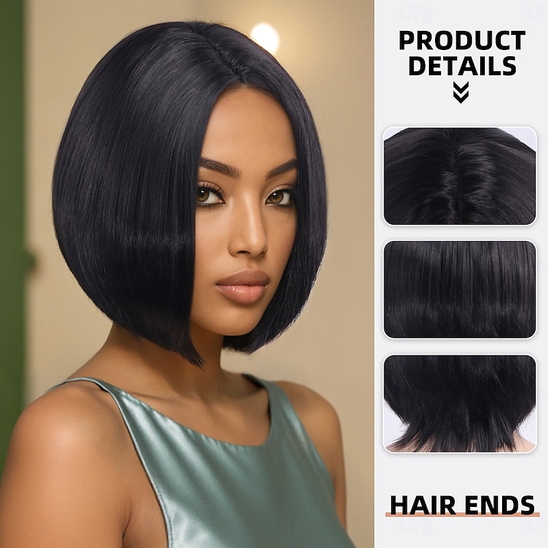 Synthetic Wig Straight Yaki Straight Asymmetrical Deep Parting Machine Made Wig 12 inch A1 Synthetic Hair Women's Middle Part Classic Comfortable Black