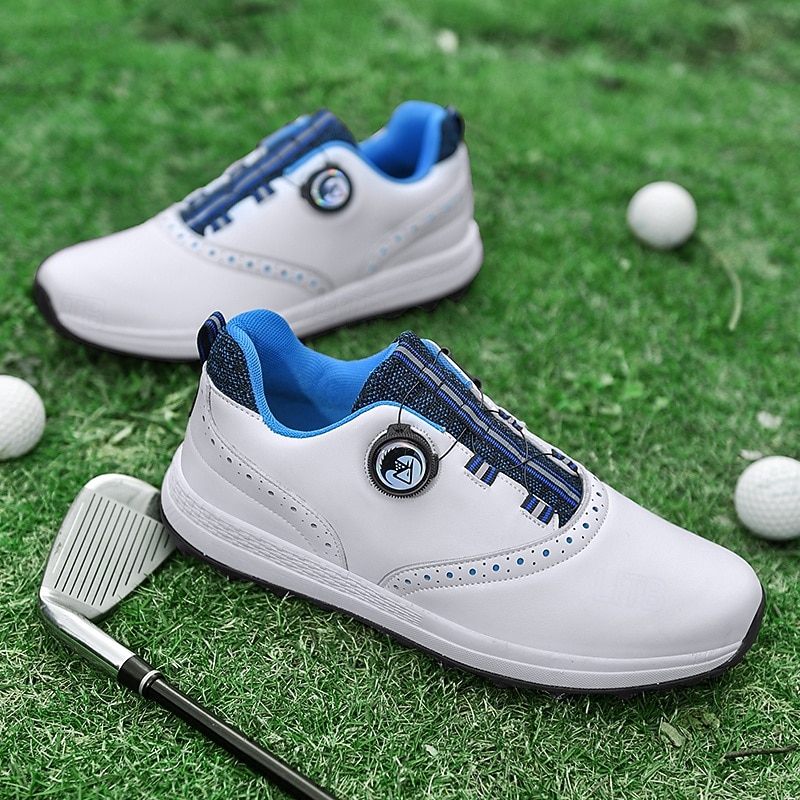 Men's Modern White Golf Shoes with Blue Detailing, Lace-Up Design, Breathable Upper, Perfect for Professional Golfers3