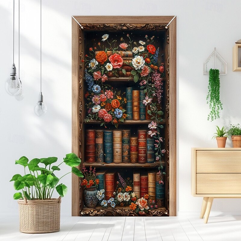 Floral Bookshelf Door Decorations Door Covers Door Tapestry Door Curtain Decoration Backdrop Indoor/Outdoor Door Banner for Front Door Farmhouse4