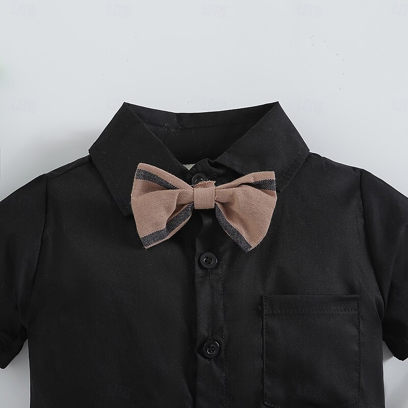 3 Pieces Ring Bearer Suit Boys Kids Toddler Shirt & Shorts School Formal Party Cool Basic Casual Stripe Striped V Neck Black Cotton4