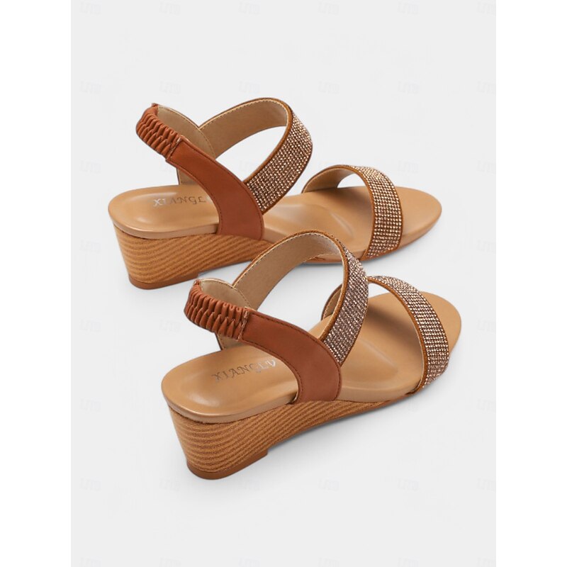 Women's Rhinestone Wedge Sandals – Brown Open-Toe Elastic Strap Comfort Shoes for Summer, Casual & Dressy Occasions3