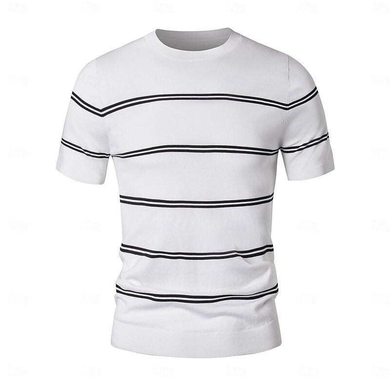 Men's Silk Linen Cotton T Shirt Horizontal Stripes Crew Neck School Training Short Sleeve Stripe Clothing Apparel Knitwear Vacation Vintage Neutral