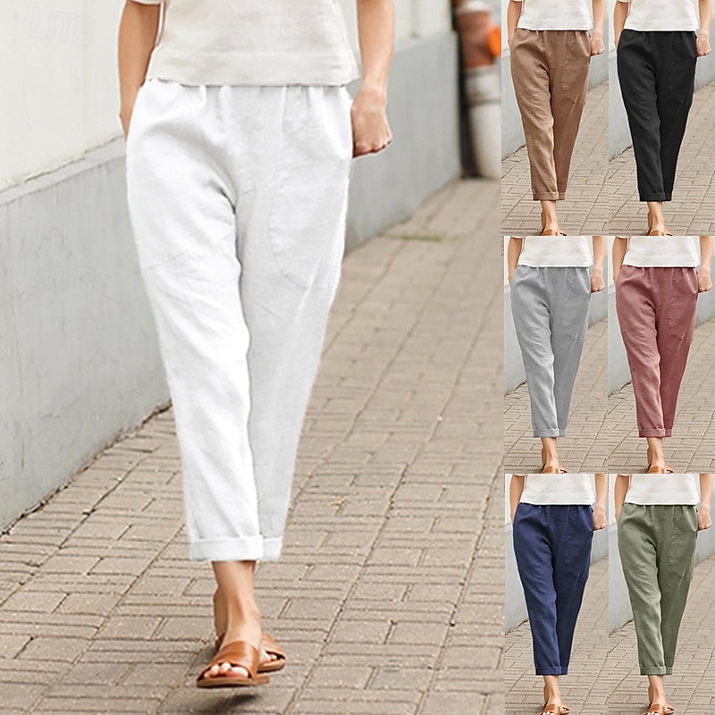Women's Cotton Linen Pants Slacks Casual Full Length Natural Plain Pocket Elastic Waist Comfy Outdoor Comfortable Going out Weekend Retro Red Navy Grey Black Summer Regular Fit