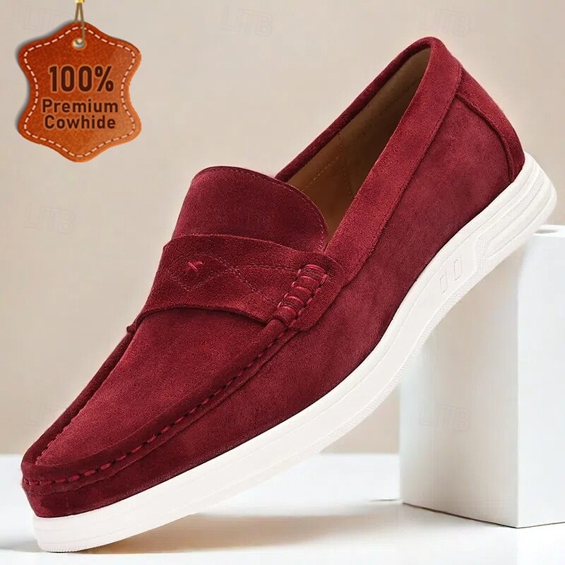 Men's Premium Cowhide Burgundy Suede Moccasins, Elegant Minimalist Design for Casual and Office Wear