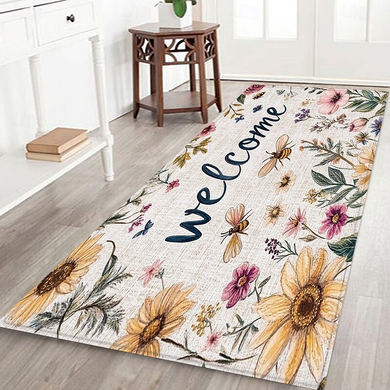 Welcome Flower Patterned Flannel Home Mats Can Be Used For Door Mats Sofa Mats Mattresses Bathroom Living Room Bedroom Mats Comfortable And Soft4