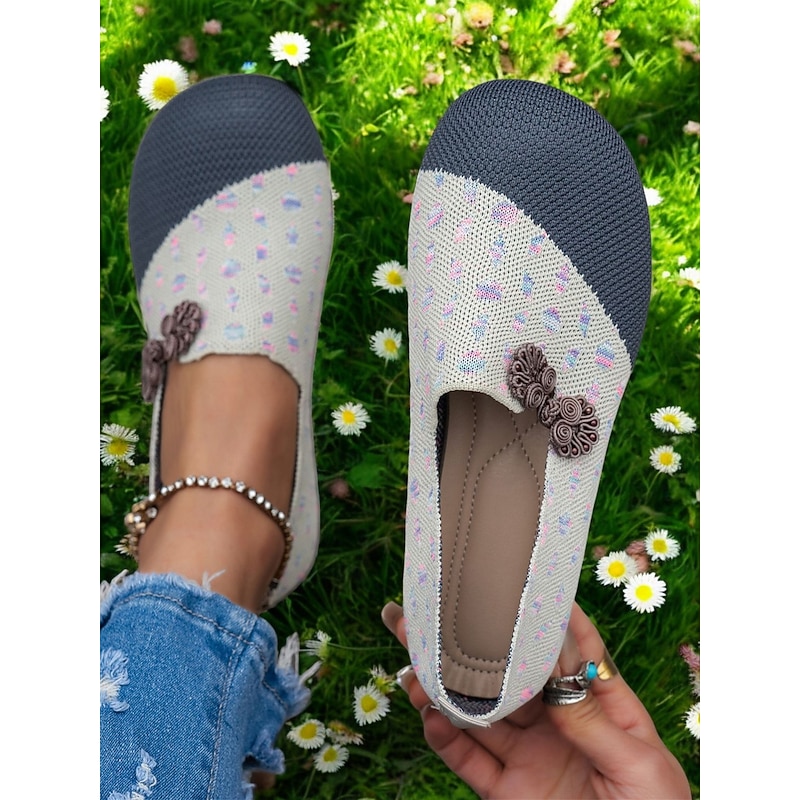 Women's Contrast Color Flyknit Wide Fit Slip-On Flats - Breathable Lightweight Casual Barefoot Shoes with Floral Accents