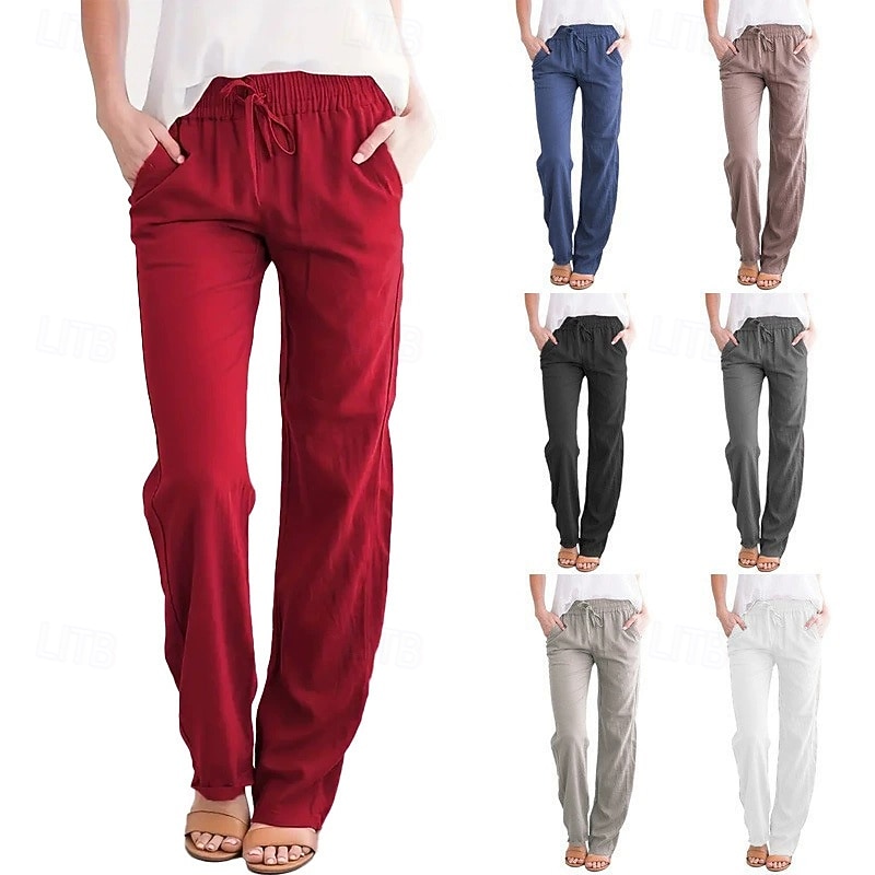 Women's Cotton Linen Pants Slacks Palazzo Pants Streetwear Casual Full Length Natural Plain Pocket Elastic Drawstring Design Comfy Outdoor Vacation Street Going out Magenta Navy Apricot Light Sky Blue