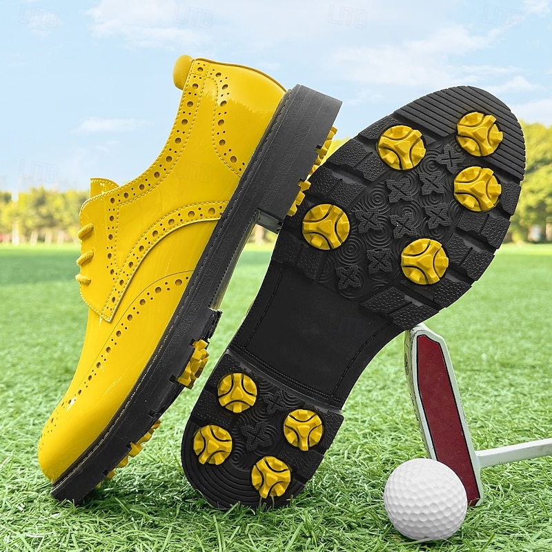Men's Vibrant Yellow Brogue Golf Shoes, Lace-Up, Water-Resistant Leather, Stylish Choice for Golf and Casual Wear3