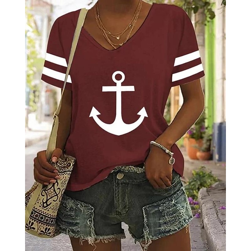Women's T Shirt Ocean Striped Casual Short Sleeve V Neck Regular Tops Daily Going out Weekend Print Black White Red Blue Green Summer4