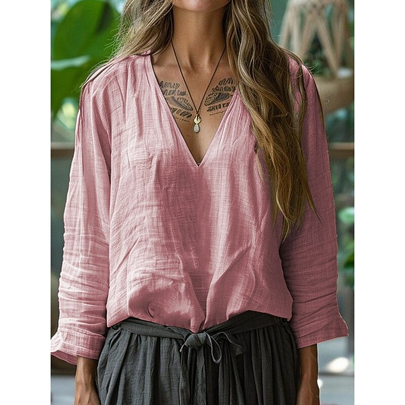 Women's Linen-Inspired Shirts T Shirt Blouse Plain Elegant Casual Long Sleeve V Neck Regular Tops Daily Going out Weekend Pink Army Green Khaki Light Blue Summer Spring Fall4