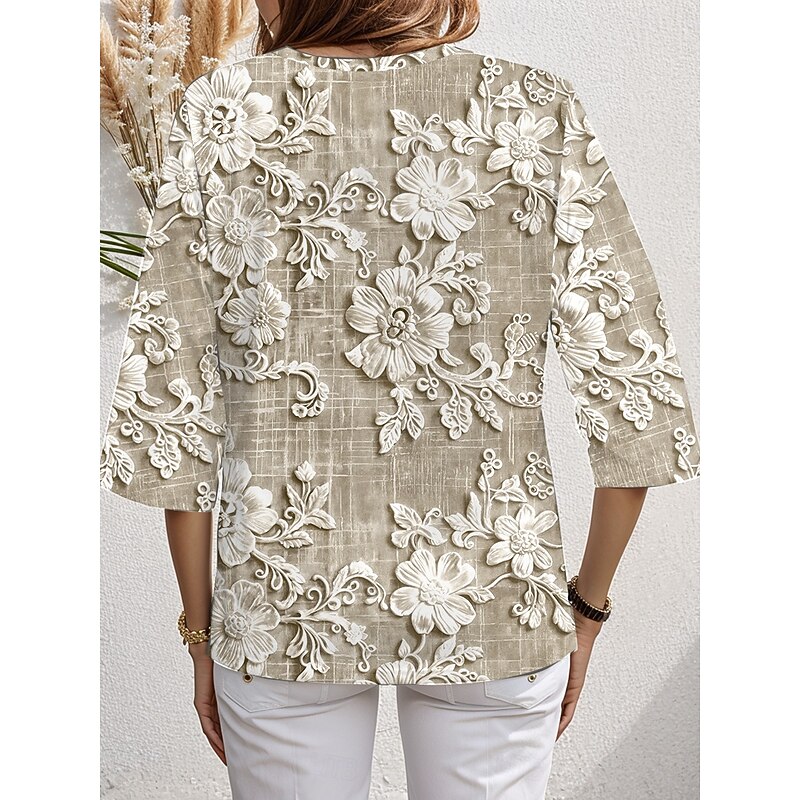 Women's Blouse Long Sleeve Asymmetrical Hem 3D Print Floral Graphic Hawaiian Stylish Casual Short Sleeve V Neck Regular Tops Daily Holiday Going out Print Red Blue Purple Green Khaki Summer Spring2