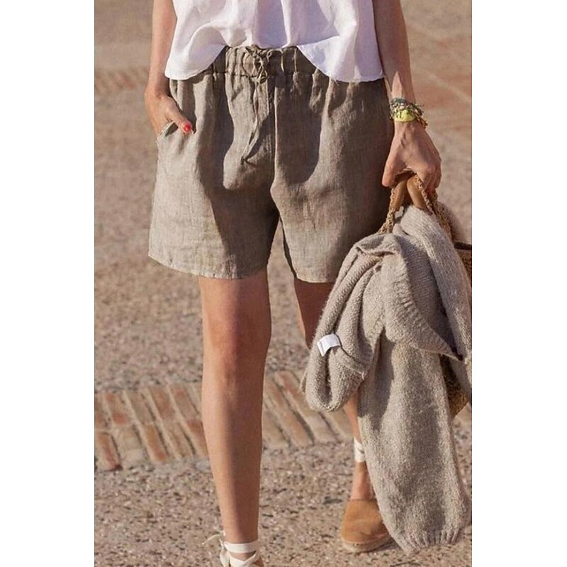 Women's Cotton Linen Shorts Shorts Slacks Streetwear Casual Short Natural Plain Pocket Breathability Soft Comfortable Micro-elastic Casual Daily Wear Grey Black White Khaki Summer Regular Fit - Main Image