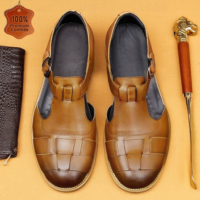 Men's Elegant Brown Leather Loafers with Woven Design - Ideal for Office and Social Events