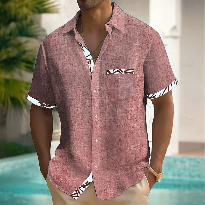 Men's Leaf Tropical Plants Linen Shirt Summer Hawaiian Shirt Button Up Shirt Short Sleeve Hawaiian Resort Vacation Holiday Beach Wear Summer Spring Turndown Collared Shirts Front One Pocket Pink Blue3
