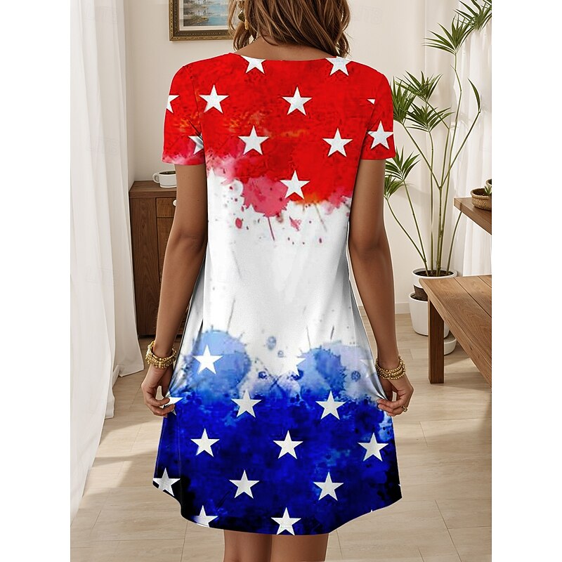 Women's Patriot Veteran Patriotic  Dress Mini Dress T Shirt Dress Summer Dress Casual Daily Regular Fit Graphic Flag Red White And Blue Short Sleeve V Neck Blue2