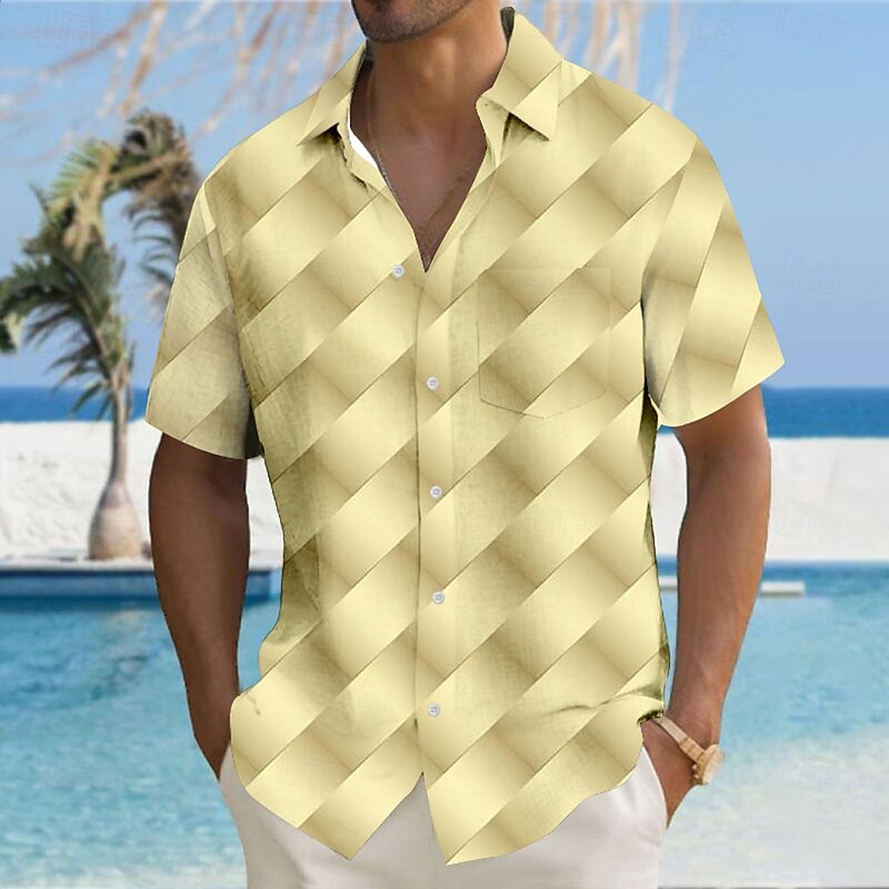 Men's Geometric Grid / Plaid Shirt Button Up Shirt Short Sleeve Fashion Casual Vacation Holiday Streetwear Summer Turndown 3D Print Collared Shirts Front One Pocket Yellow Pink Blue Gray