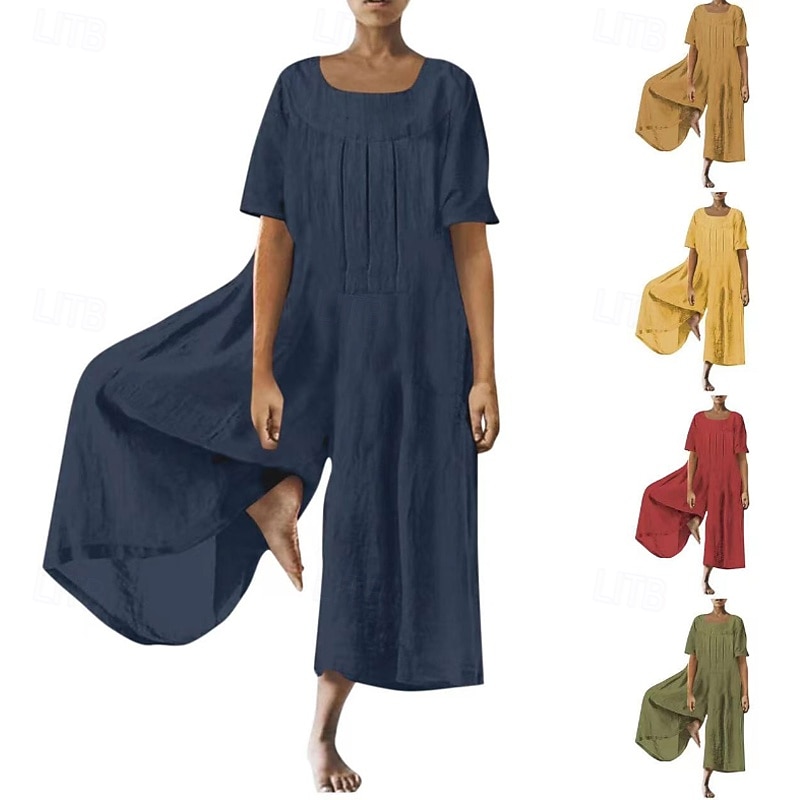 Women's Normal Jumpsuit Streetwear Solid Color Short Sleeve Square Neck Street Going out Regular Fit Yellow Wine Army Green Summer