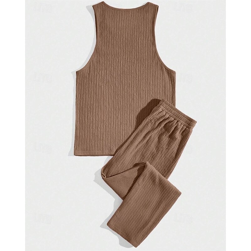 Men's T-shirt Suits Undershirt Shirt and Pant Sets 2 Pieces Outfits Sleeveless Crewneck Summer Plain Fashion Casual 2 Piece Vacation Daily Wear Going out Black Brown Khaki Top Tee for Men3