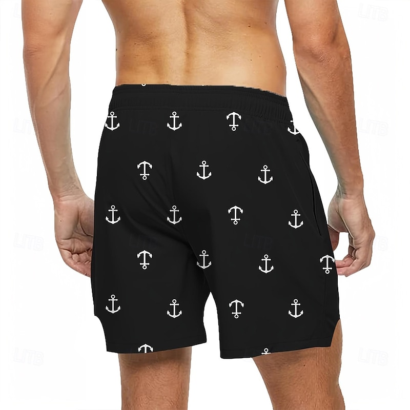 Men's Nautical Anchor Lined Shorts Swim Shorts Board Shorts Mid Waist Hawaiian Vacation Holiday Beach Wear Side Pockets With Compression Liner Elastic Drawstring Waist Designer Clothing Apparel3