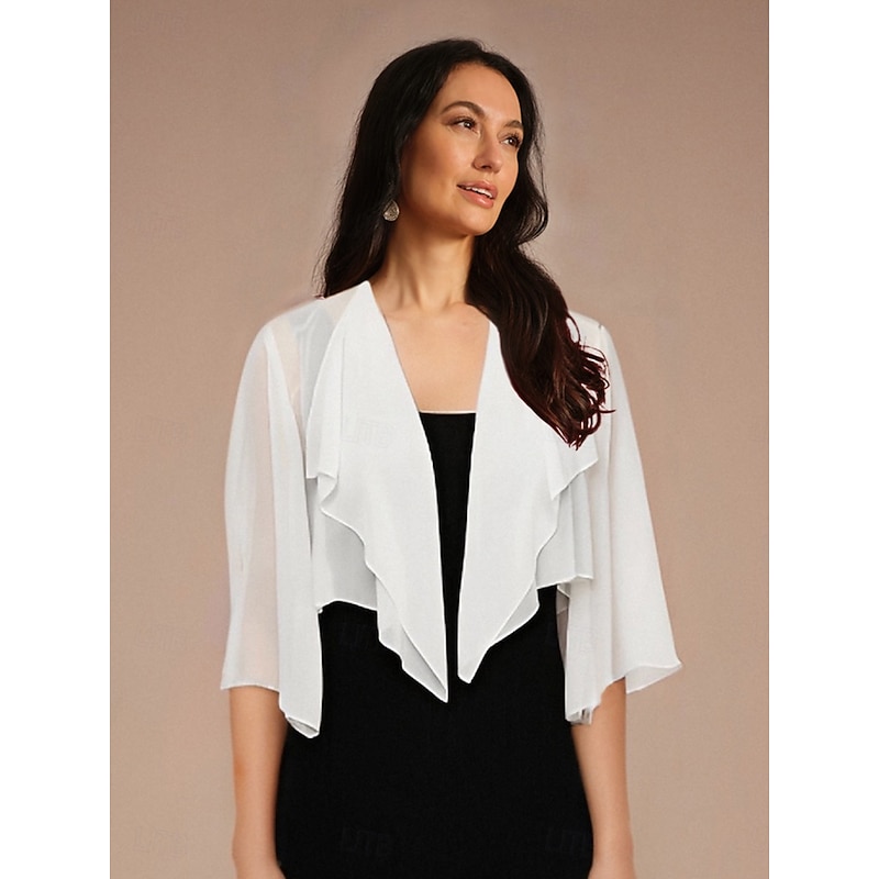 Women's Flowy Tops Chiffon Tops Solid Color Elegant 3/4 Length Sleeve Asymmetrical Crop Tops Wedding Guest White Summer Spring Fall