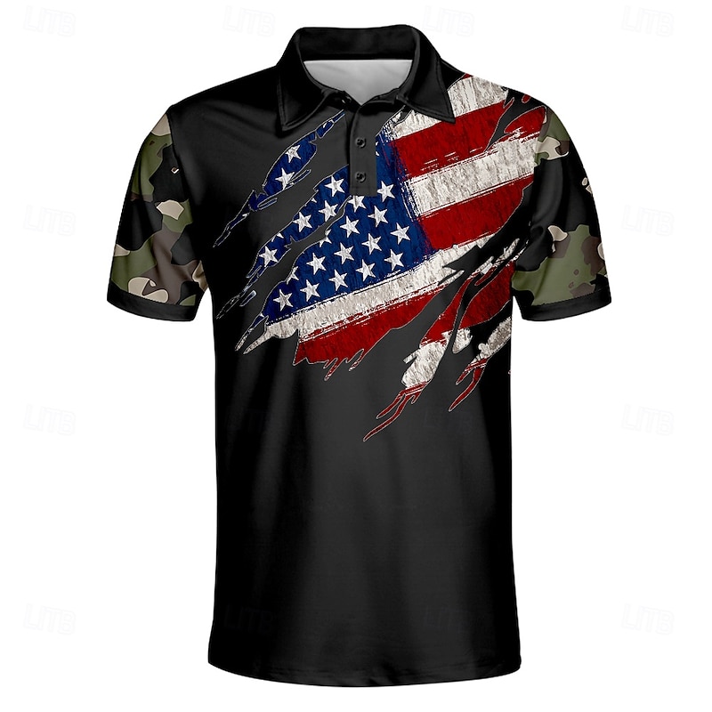 American Independence Day Men's American US Flag Polo Short Sleeve Polo Shirts Collared Shirts Casual Outdoor Daily Wear Festival Outfit Buttons 3D Print Summer Spring Fall Black Brown Army Green