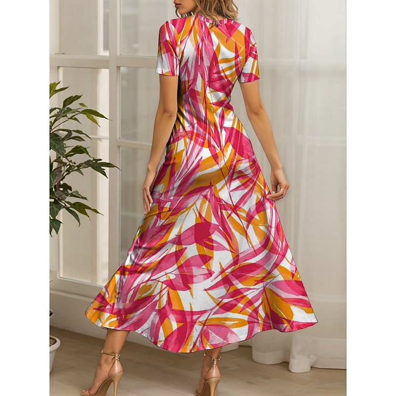 Women's Maxi Dress Casual Dress A Line Dress Summer Dress Vacation Vintage Ethnic Regular Fit Graphic Leaf Geometric Short Sleeve Square Neck Yellow Red Blue Purple Summer Spring2