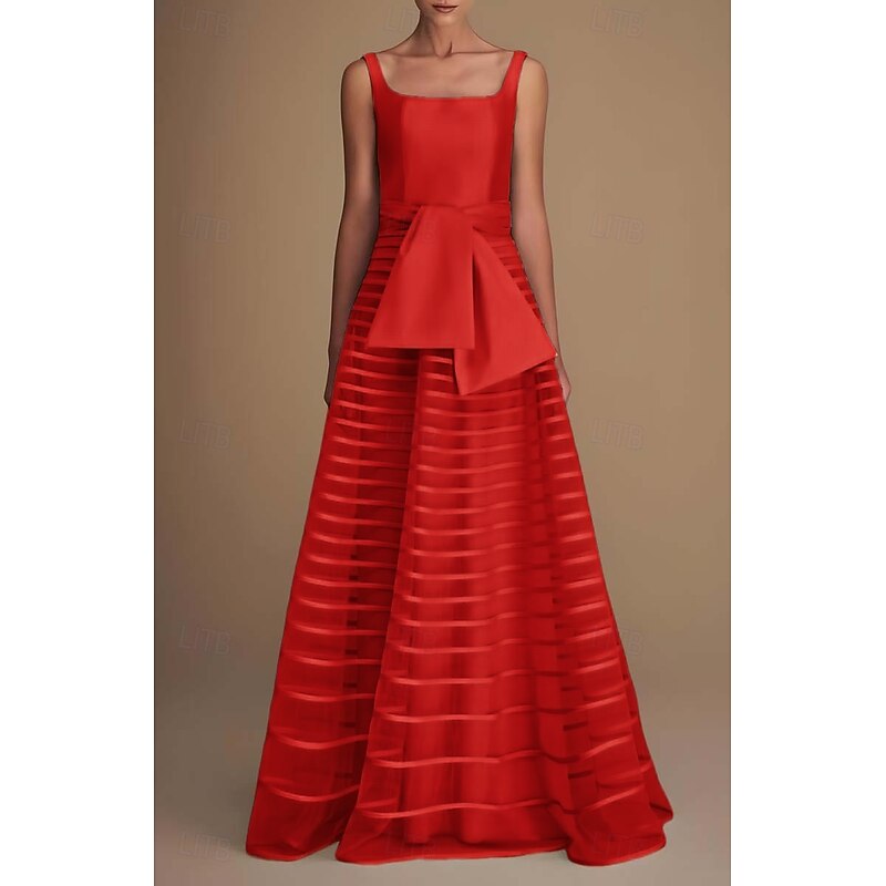 A-Line Evening Gown Elegant Dress Formal Performance Floor Length Sleeveless Square Neck Satin with Bow(s) Pleats4