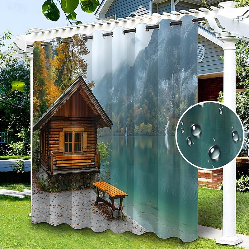 Waterproof Outdoor Curtain Privacy, Sliding Patio Curtain Drapes, Pergola Curtains Grommet 3D Lake Side House for Gazebo, Balcony, Porch, Party, 1 Panel
