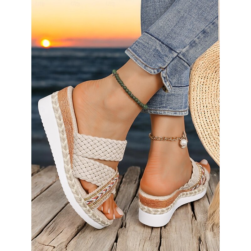 Women's Braided Wedge Sandals – Boho Style Slip-On Platform Sandals with Beaded Detailing for Summer, Beach, and Casual Outfits2