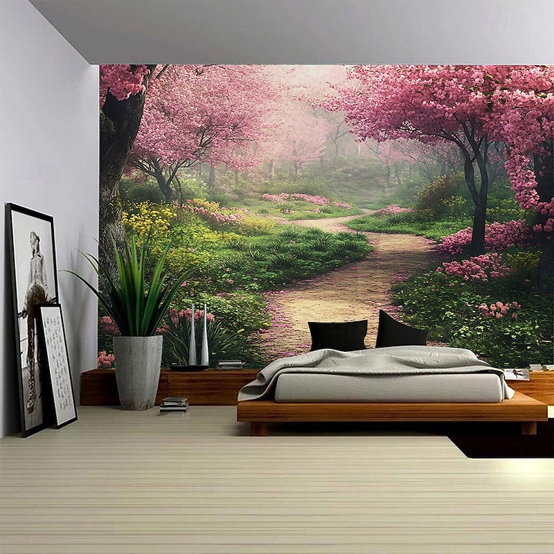 Red Flower Forest Path Landscape Hanging Tapestry Mural Art Large Tapestry Mural Decoration Photo Background Carpet Curtain Home Bedroom Living Room Decoration