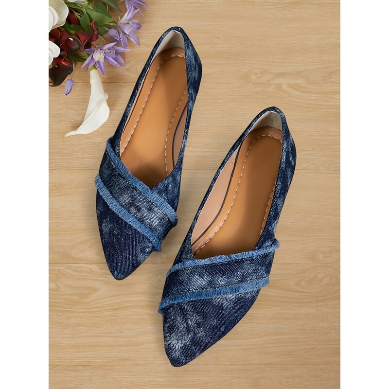 Women's Denim Pointed-Toe Flats - Frayed Fringe Slip-On Shoes for Casual Wear4