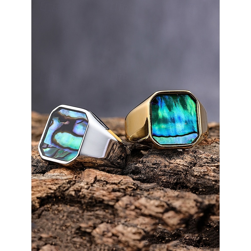 Men's square streamer shell stainless steel ring, gold and silver, fashionable and individual, suitable for daily vacation wear and casual gatherings4