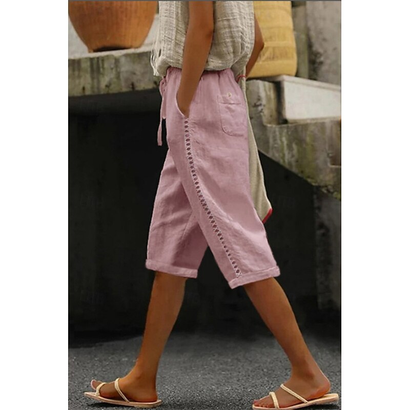 Women's Cotton Linen Pants Slacks Crop Streetwear Casual Knee Length Natural Plain Pocket Elastic Drawstring Design Breathability Soft Micro-elastic Casual Daily Wear Light Sky Blue White Pink Summer3