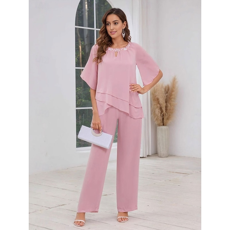 Pantsuit Mother of the Bride Dress Wedding Guest Elegant Simple Scoop Neck Floor Length Polyester 3/4 Length Sleeve with Solid Color2