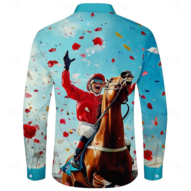 Kentucky Derby Men's Horse Racing Run for the Roses Shirt Button Up Shirt Long Sleeve Vintage Retro Holiday Festival Summer Spring Turndown 3D Print Funny Kentucky Derby Shirts Blue2