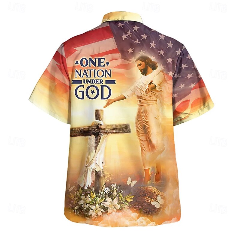 Easter Men's Templar Cross Jesus Shirt Casual Shirt Button Up Shirt Short Sleeve Vintage Retro Vacation Holiday Festival Summer Spring Turndown 3D Print Collared Shirts Yellow2