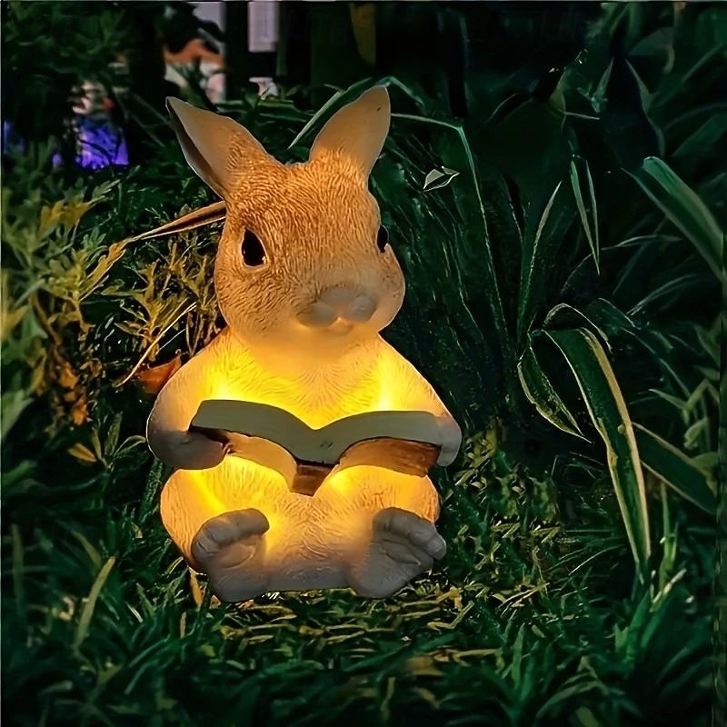 LED Solar Outdoor Landscape Garden Lights Reading Rabbit Light Resin Crafts LED Outdoor Lighting Landscape Light Lawn Garden Path Holiday Decoration 1PC