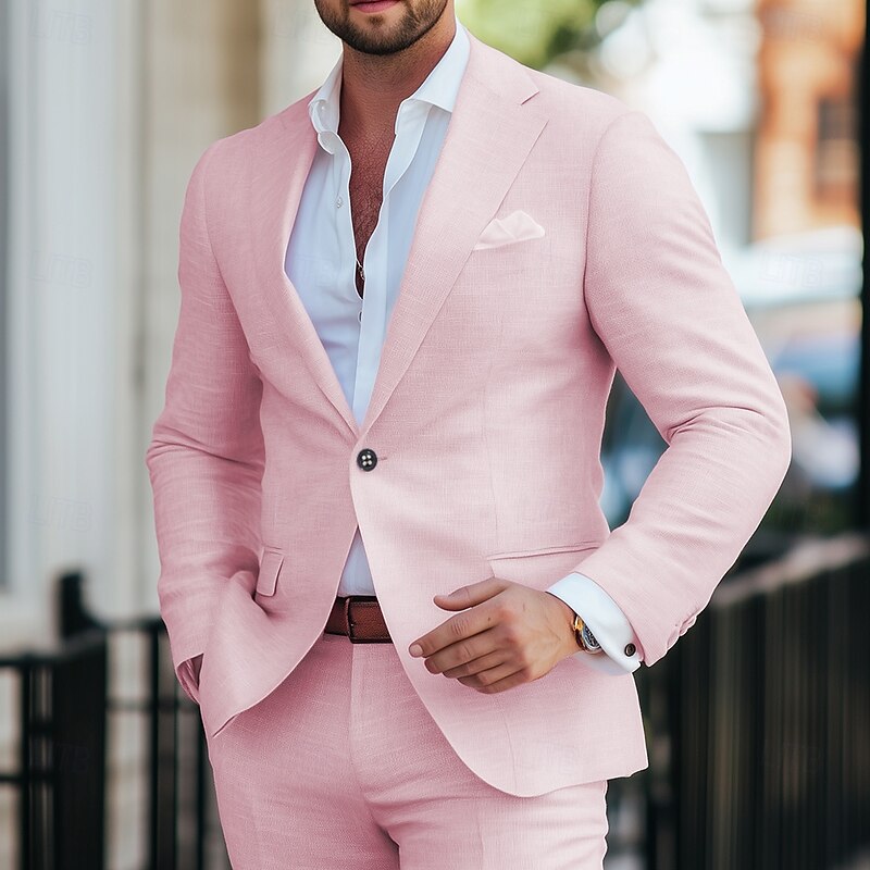 Men's Wedding Party Linen Suits Notch Lapel Pink Fashion Casual Solid Colored Standard Fit 2 Piece Single Breasted One-button