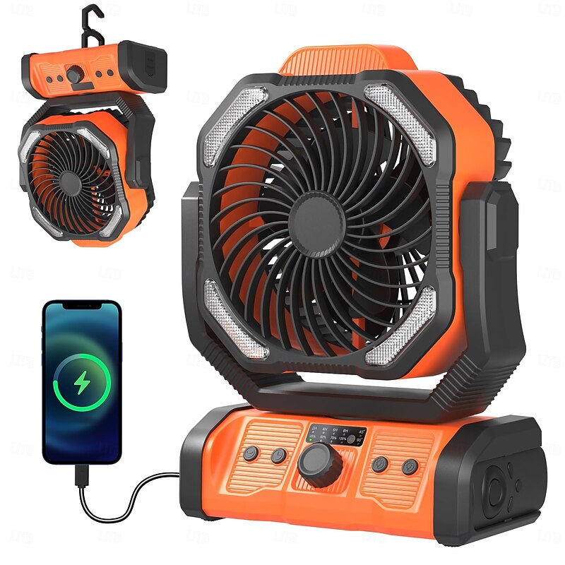 1 Pc Camping Lights, Fans, Large Capacity Rechargeable Battery For Mobile Phone Charging, Suspension, Standing Dual-Use, Stepless Speed Regulation Type-C, Low Noise2