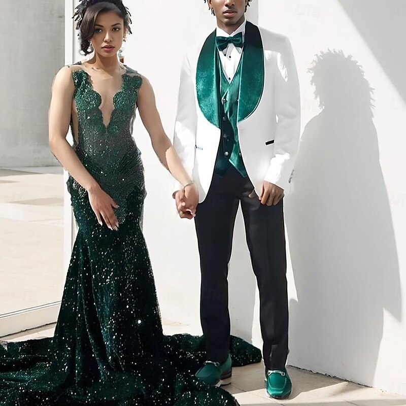 Men's Wedding Party Party Suits Shawl Lapel Green Fashion Luxury Solid Colored Standard Fit 3 Piece Single Breasted One-button2