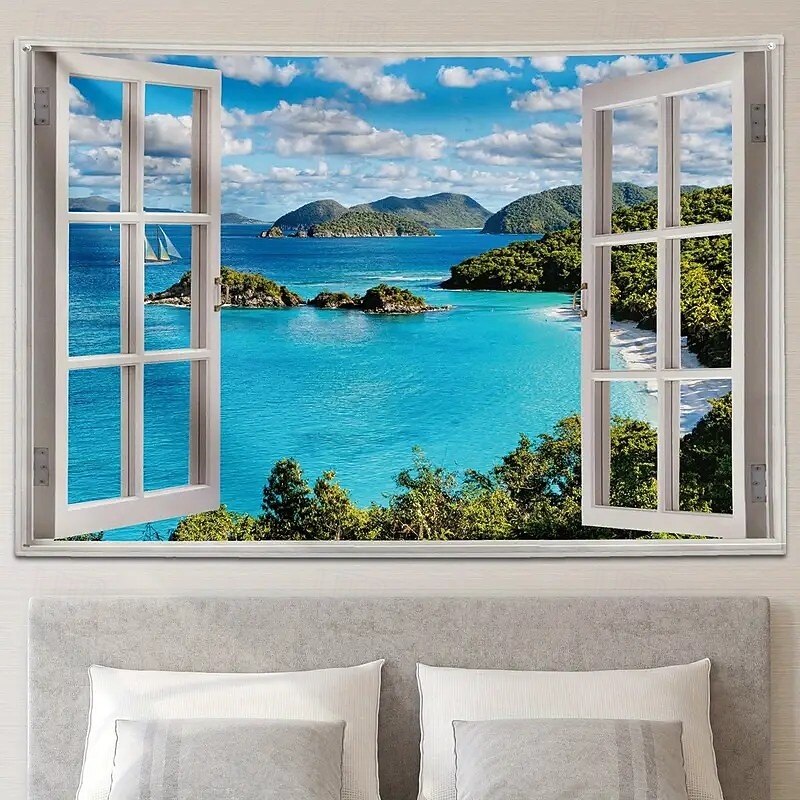 Landscape Ocean Window View Hanging Tapestry Wall Art Large Tapestry Mural Decor Photograph Backdrop Blanket Curtain Home Bedroom Living Room Decoration3