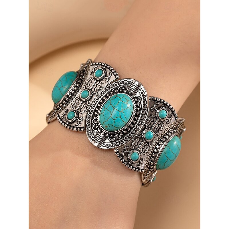 Vintage Turquoise Jewelry Set for Women – Bohemian Silver Necklace, Earrings & Bracelet, Western Cowgirl Statement Accessories for Parties & Festivals