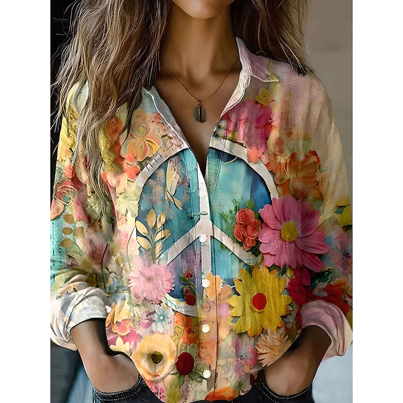 Women's Shirt Button Down Tunic Shirt Collar Long Sleeve Floral Graphic Casual Regular Tops Work Daily s Print Black Yellow Pink Blue Green Spring Fall Winter