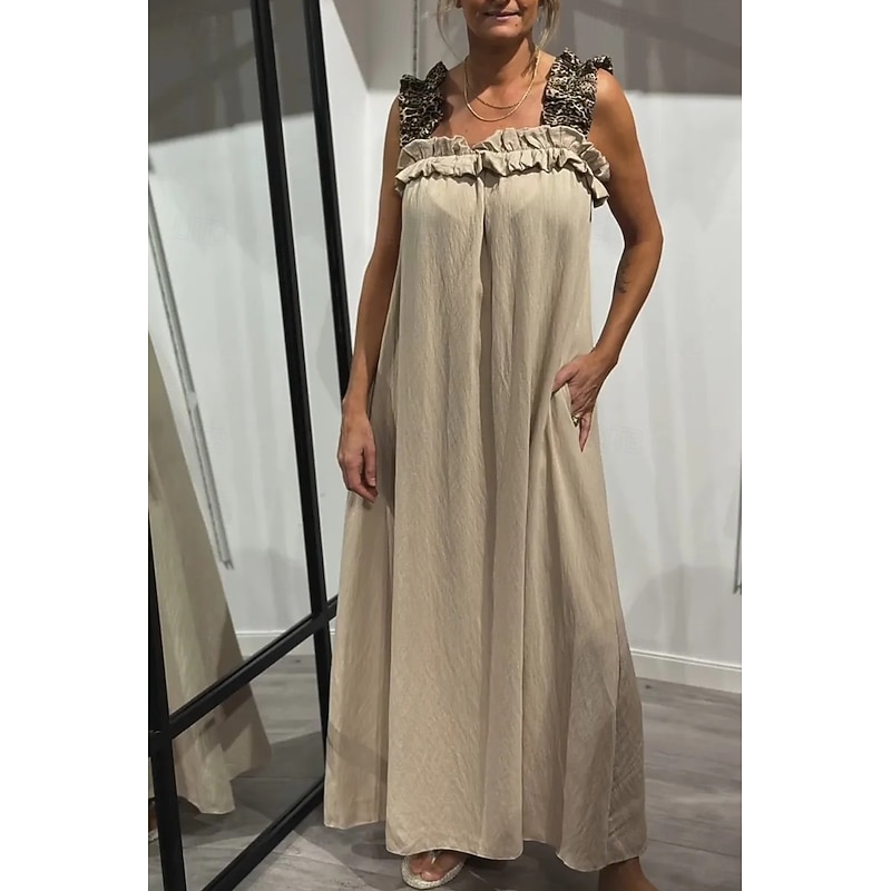 Women's Maxi Dress Slip Dress Vacation Outdoor Beach Tailored Fit Leopard Plain Sleeveless Cold Shoulder Deep Green Black White Light Green Summer