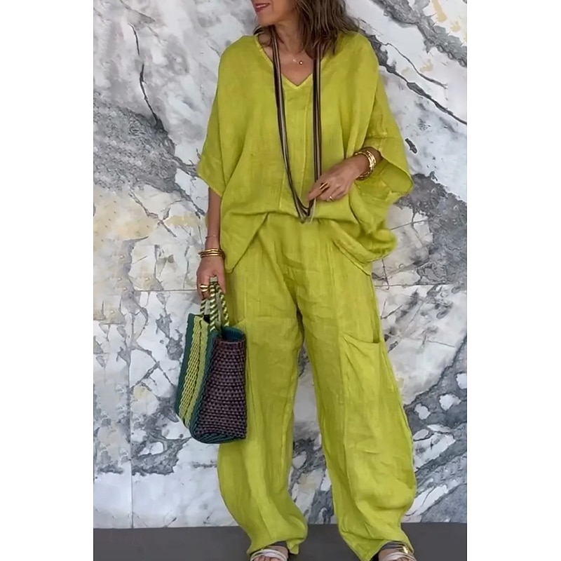 Women's Daily Shirt Cotton Linen Sets Two Piece Sets Half Sleeve V Neck Solid Color Daily Wear Casual Daily Black Light Green Light Grey Summer Regular Fit